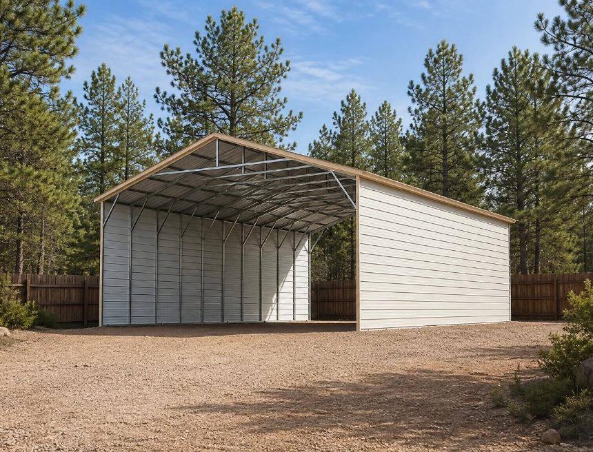 Red metal barn with horses and tractor
