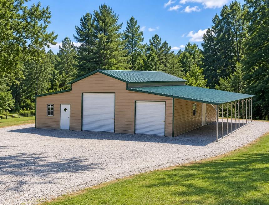 Red metal barn with horses and tractor