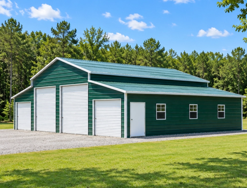 Red metal barn with horses and tractor