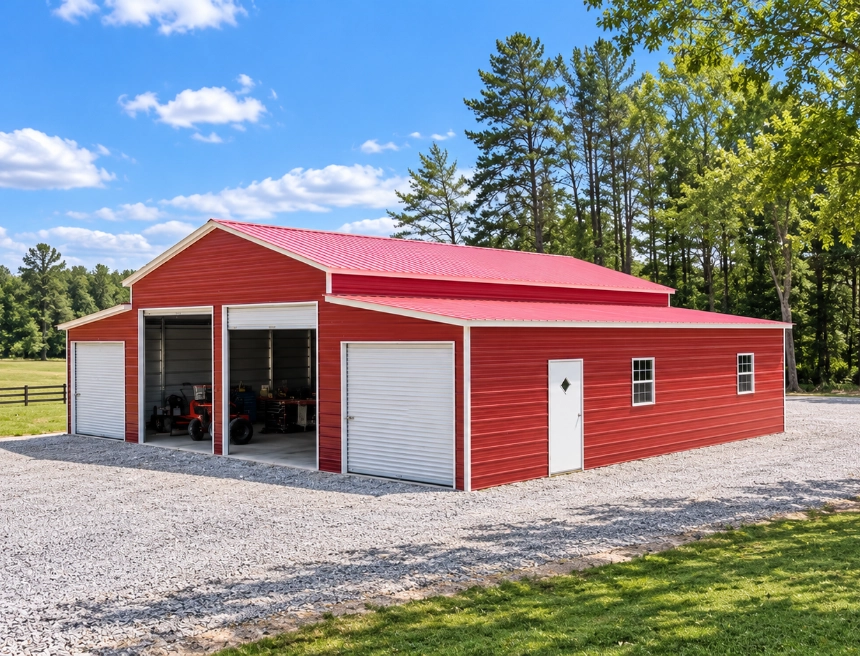 Red metal barn with horses and tractor