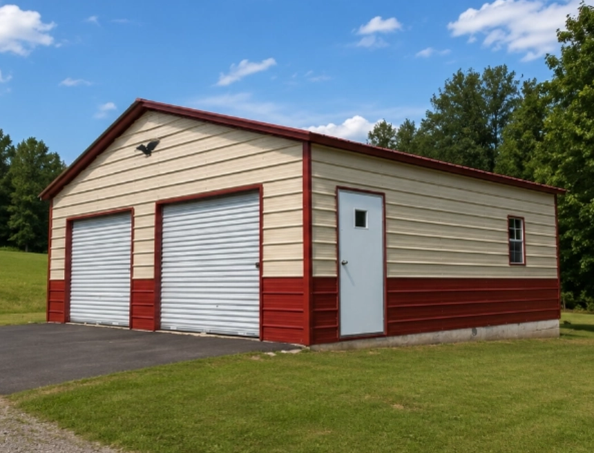 Red metal barn with horses and tractor
